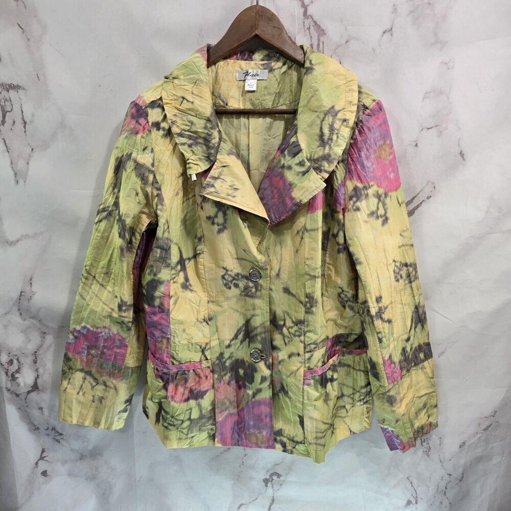 Vintage Jacket Womens XL Yellow Artsy Art To Wear Flair Windbreaker Floral